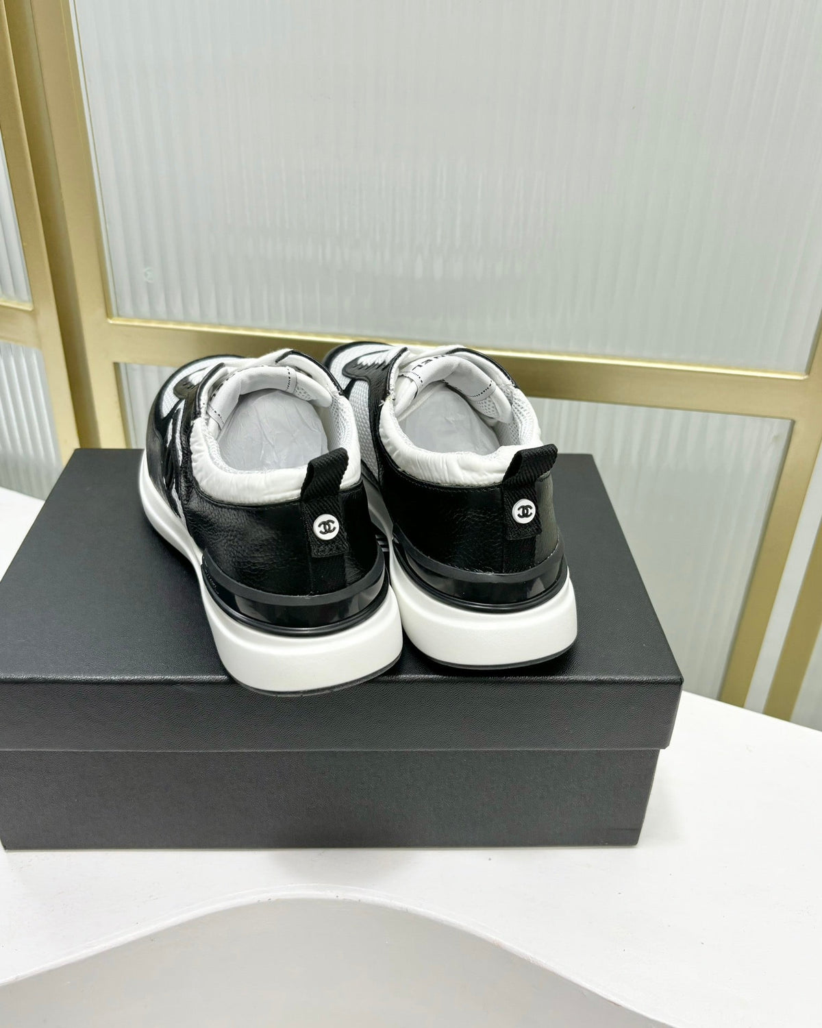 Chanel Sneaker in Black Calfskin and Grey Breathable Mesh