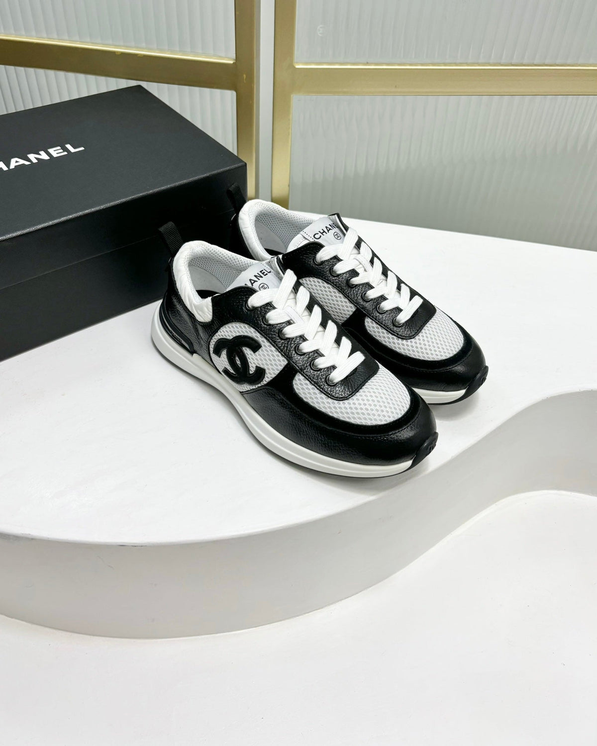 Chanel Sneaker in Black Calfskin and Grey Breathable Mesh