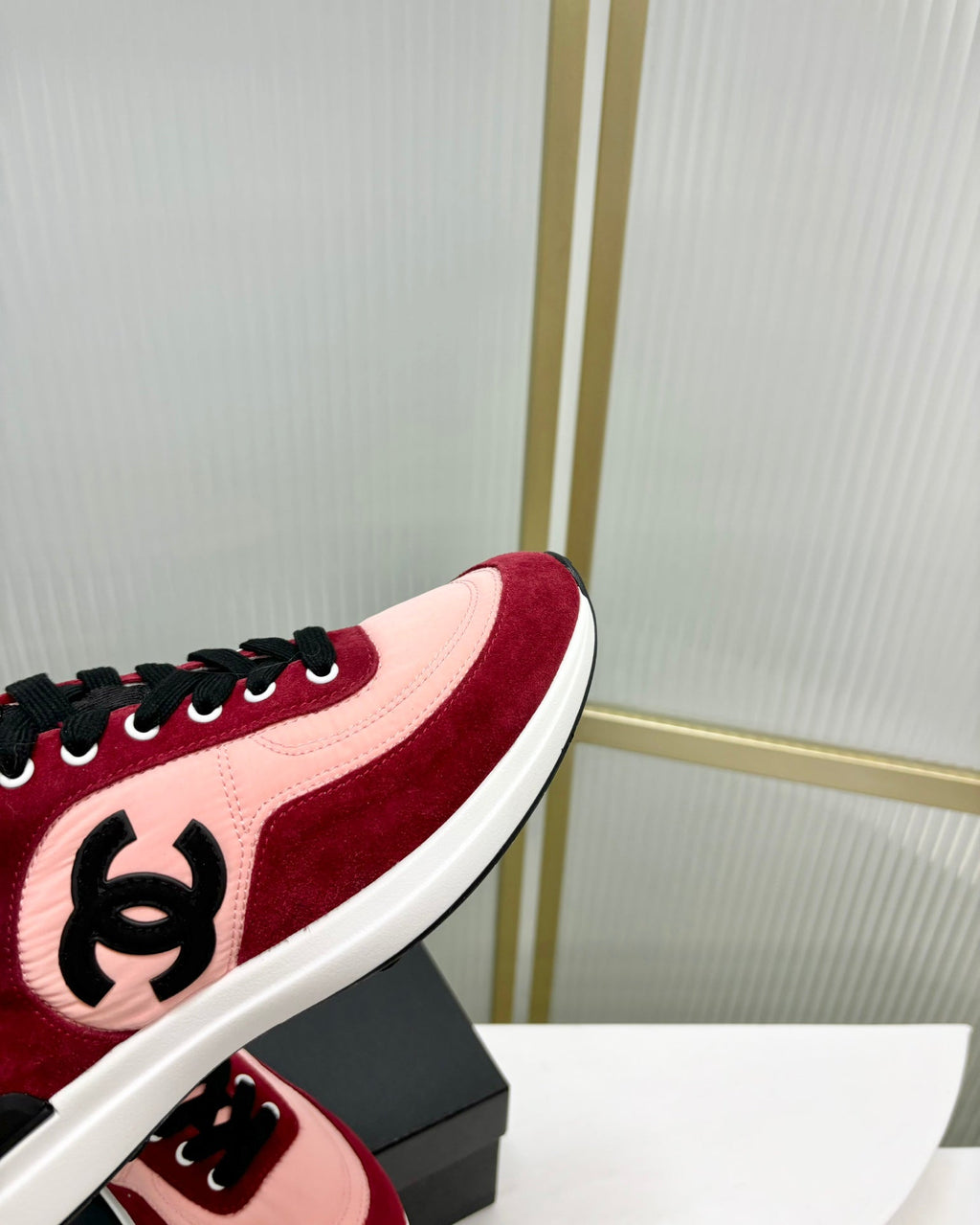 Chanel Sneaker in Light Pink Mix Cherry Red Suede