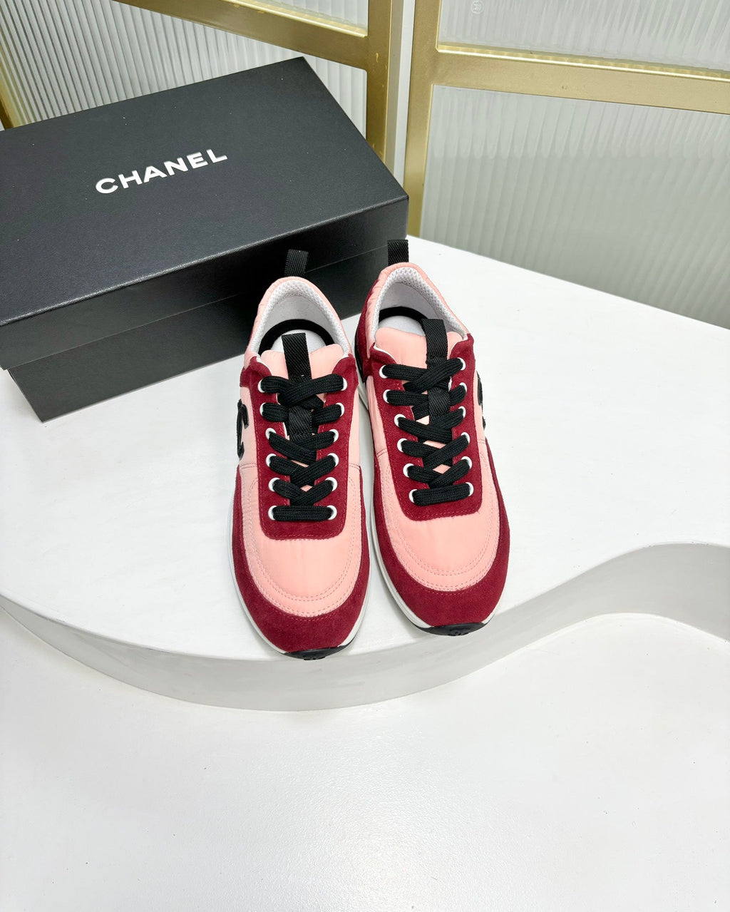 Chanel Sneaker in Light Pink Mix Cherry Red Suede