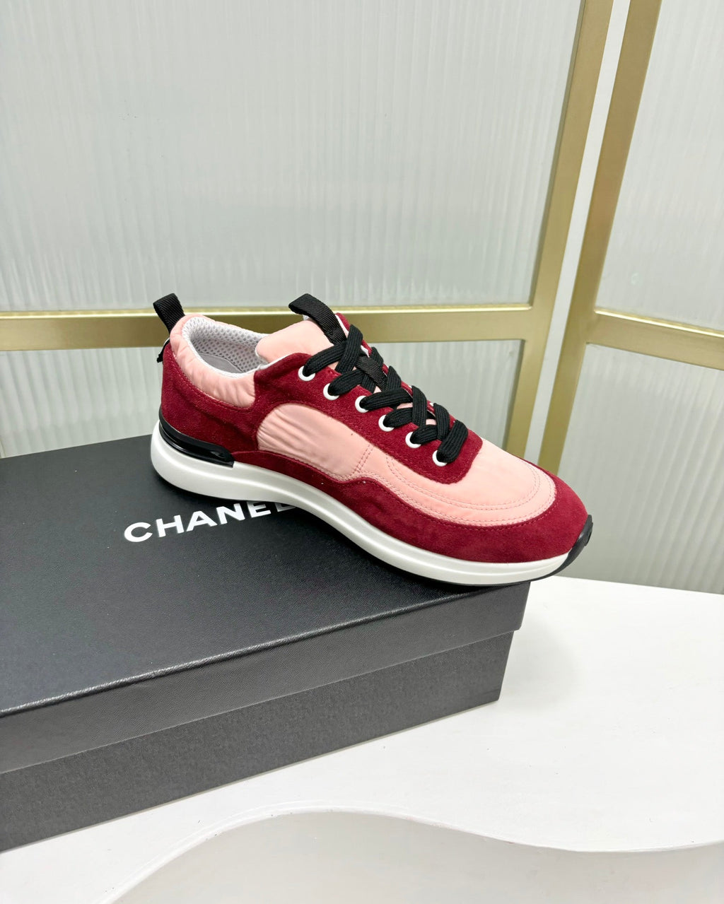 Chanel Sneaker in Light Pink Mix Cherry Red Suede