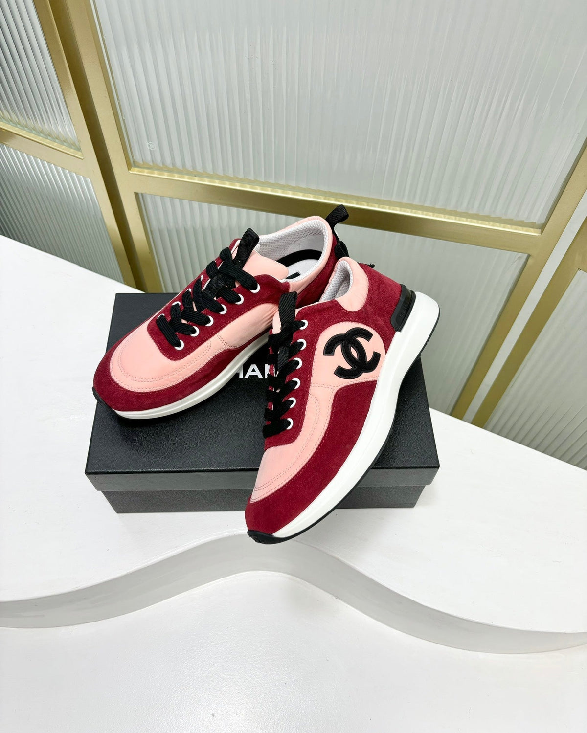Chanel Sneaker in Light Pink Mix Cherry Red Suede