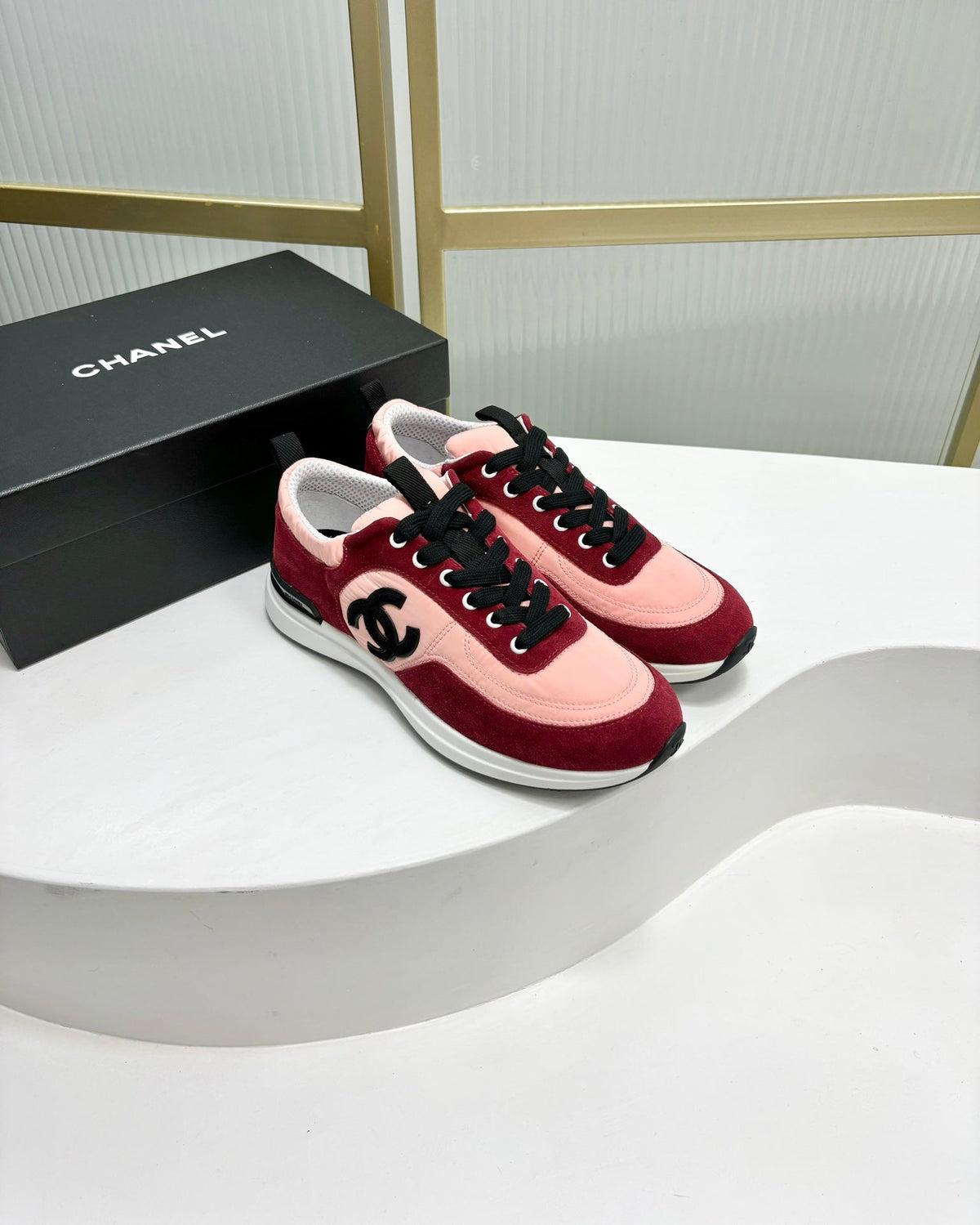 Chanel Sneaker in Light Pink Mix Cherry Red Suede