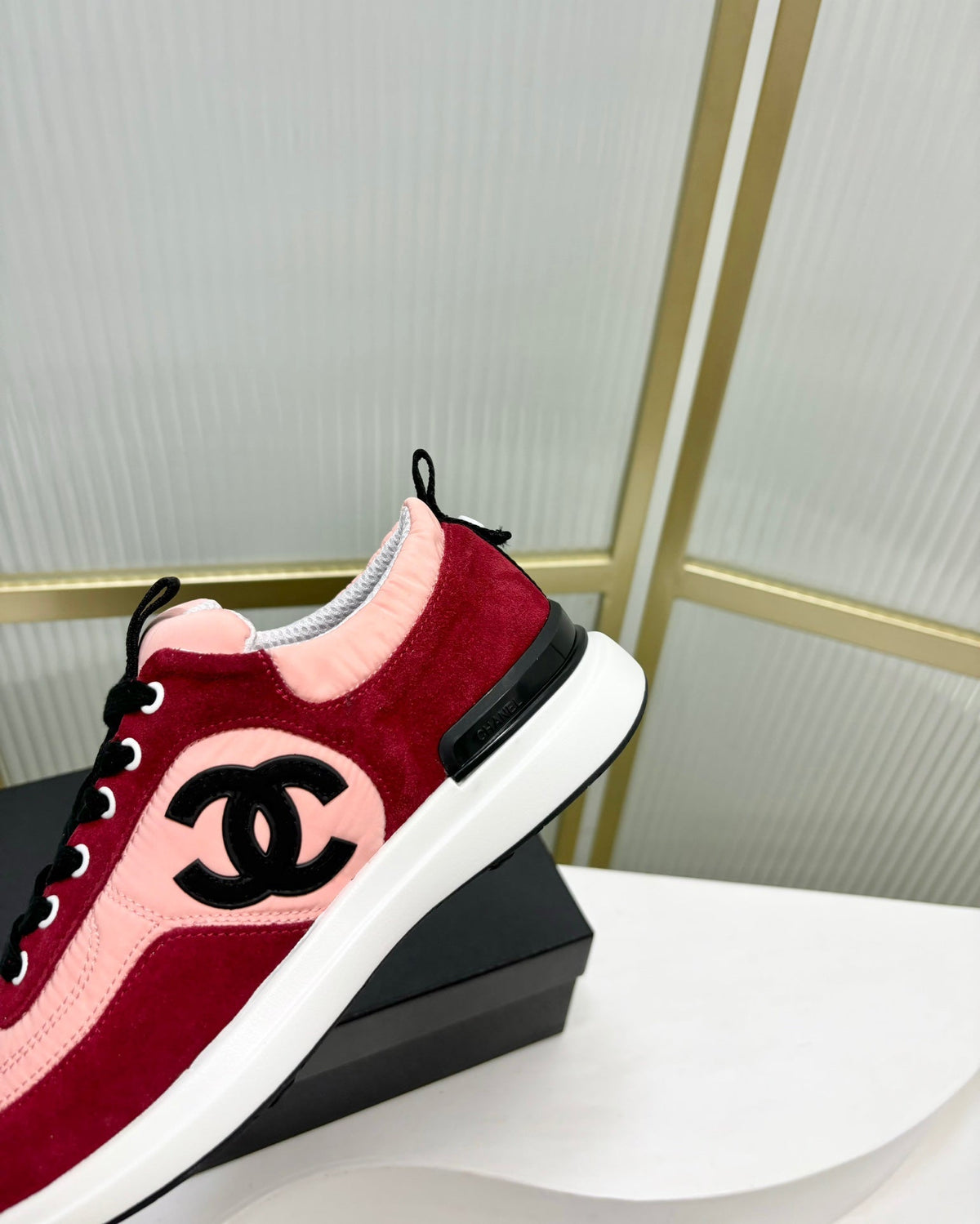 Chanel Sneaker in Light Pink Mix Cherry Red Suede