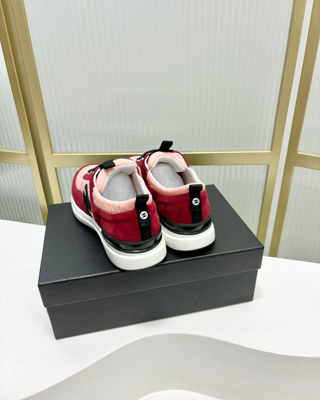 Chanel Sneaker in Light Pink Mix Cherry Red Suede
