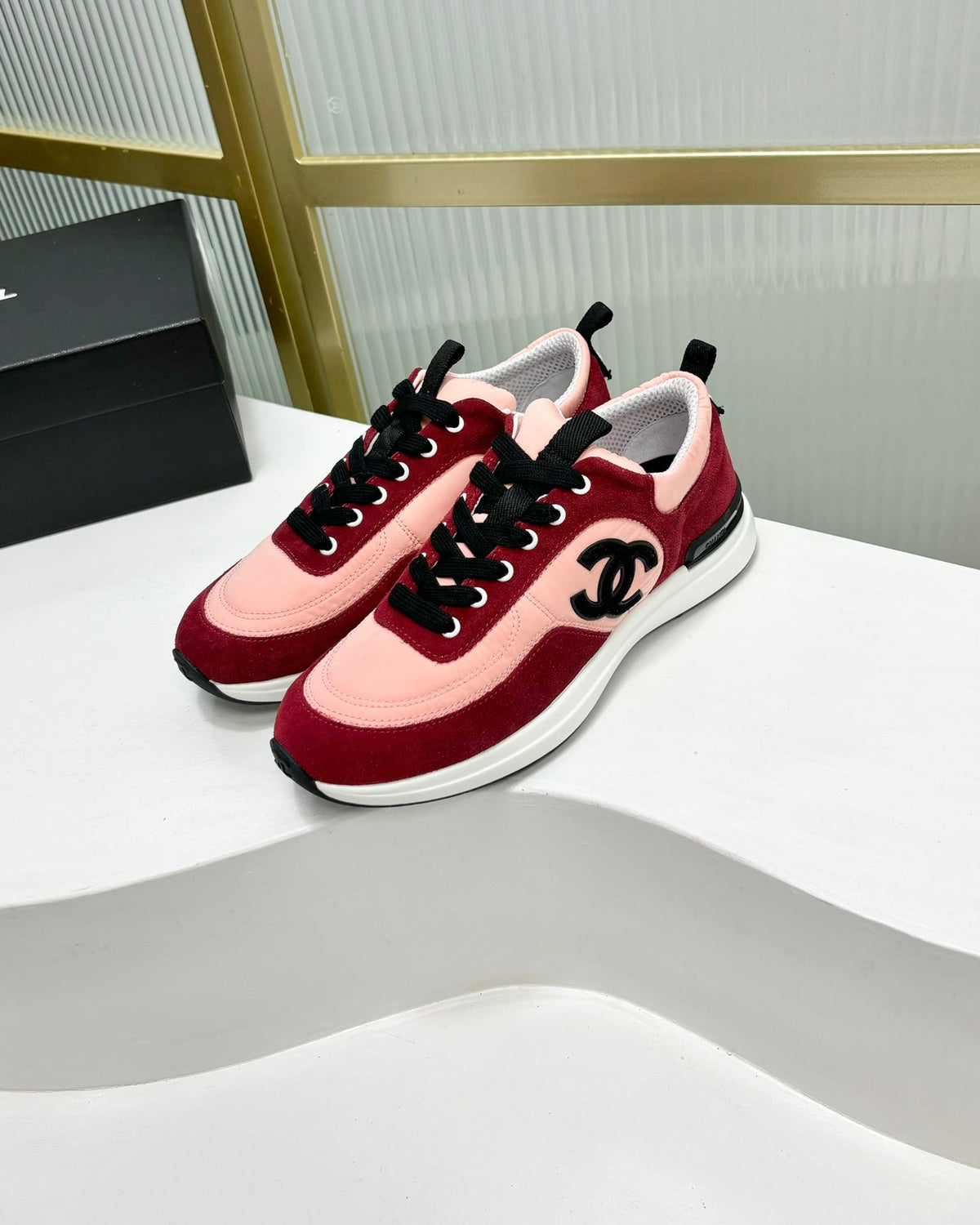 Chanel Sneaker in Light Pink Mix Cherry Red Suede