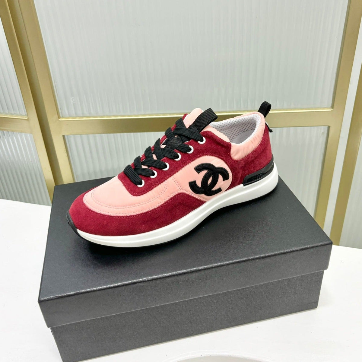 Chanel Sneaker in Light Pink Mix Cherry Red Suede