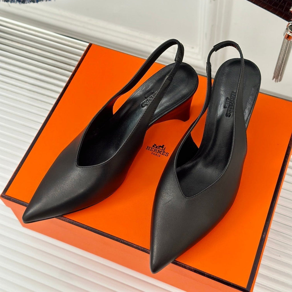 Hermes High Heel 75 mm Pointed- Toe Sandal in Black Calfskin