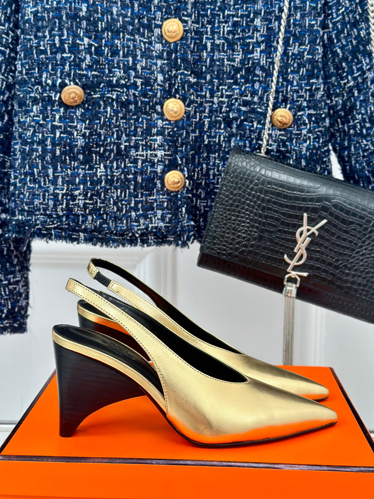 Hermes High Heel 75 mm Pointed- Toe Sandal in Gold Calfskin