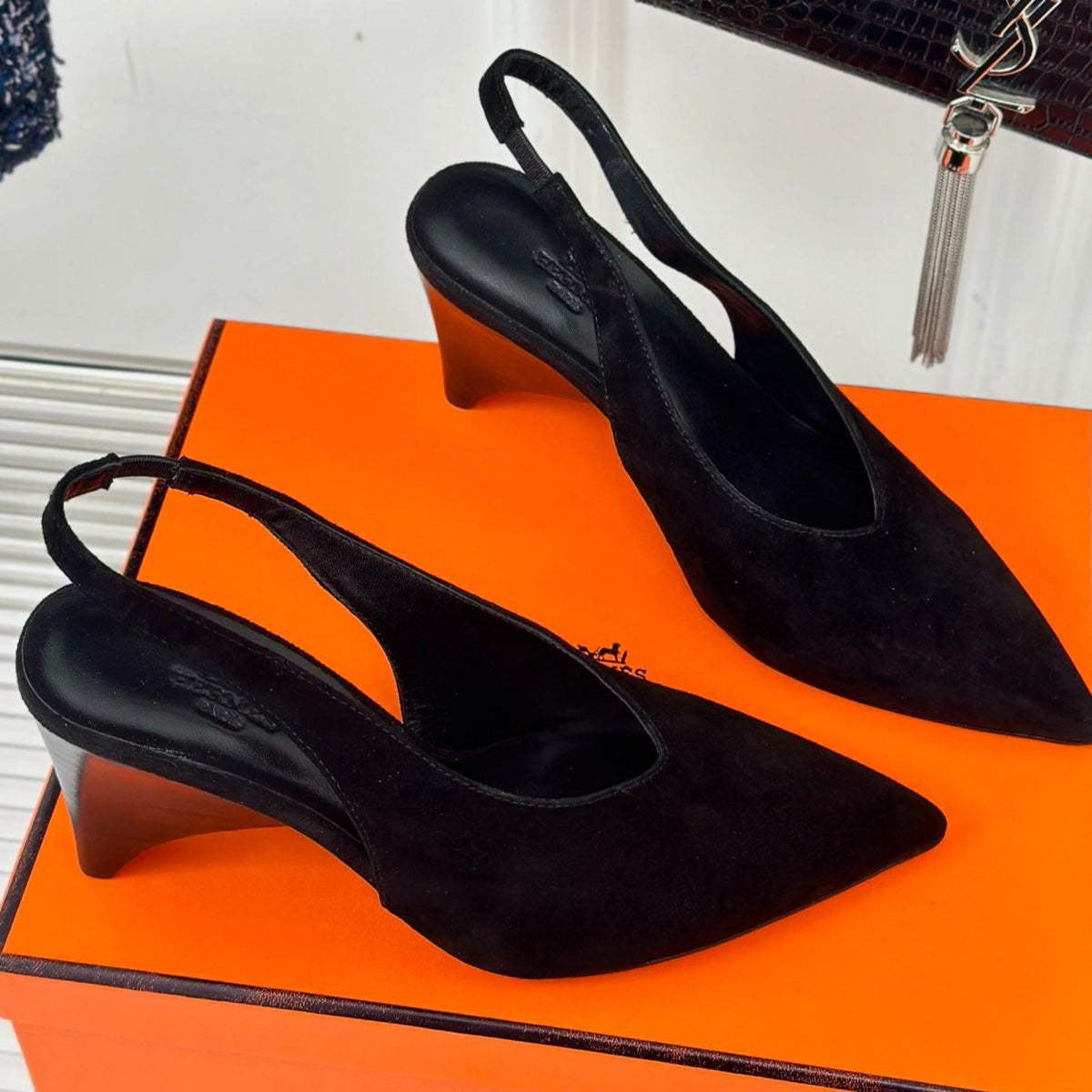 Hermes High Heel 75 mm Pointed- Toe Sandal in Black Suede