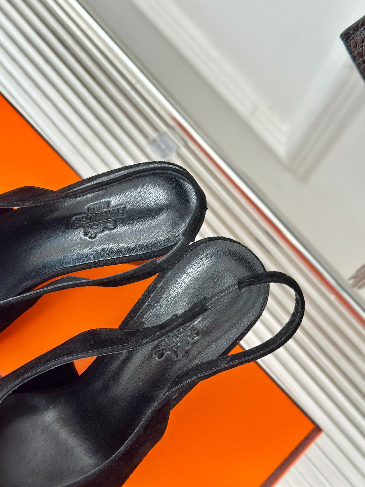 Hermes High Heel 75 mm Pointed- Toe Sandal in Black Suede