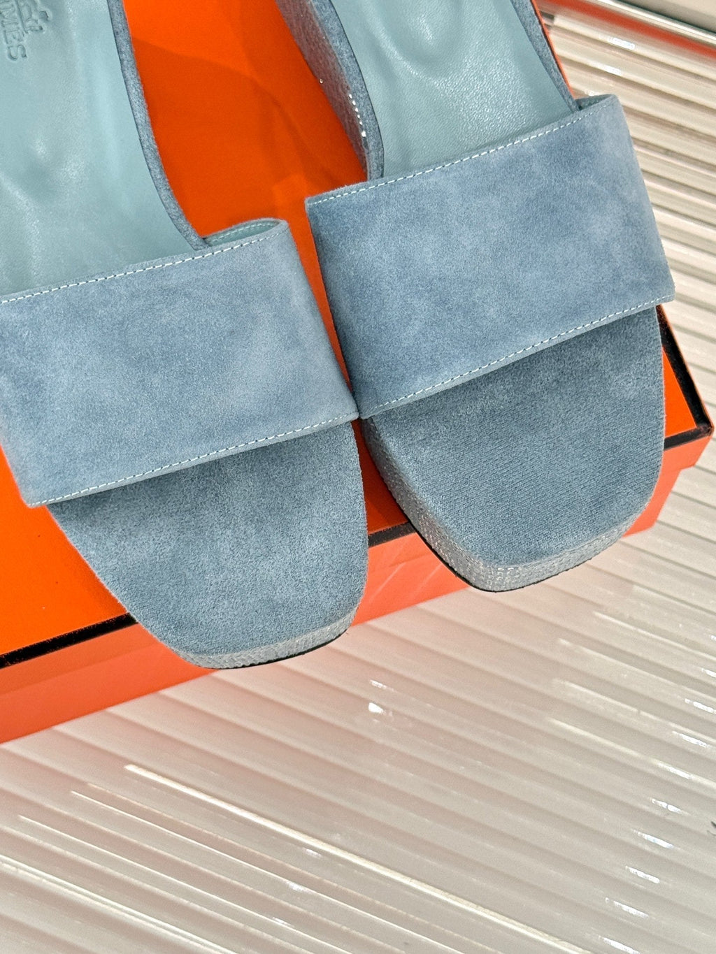 Hermes Illusion 35 Sandal in Light Blue Suede with Rhinestone Details