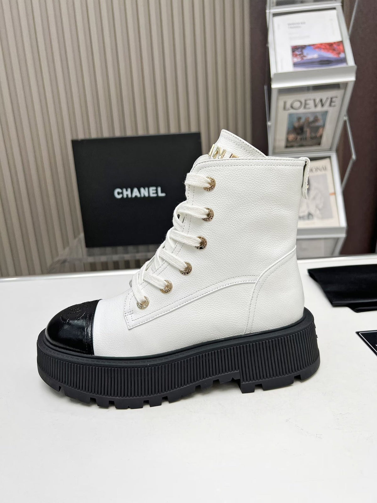 Chanel Short Boots in White Mix Black Cowhide