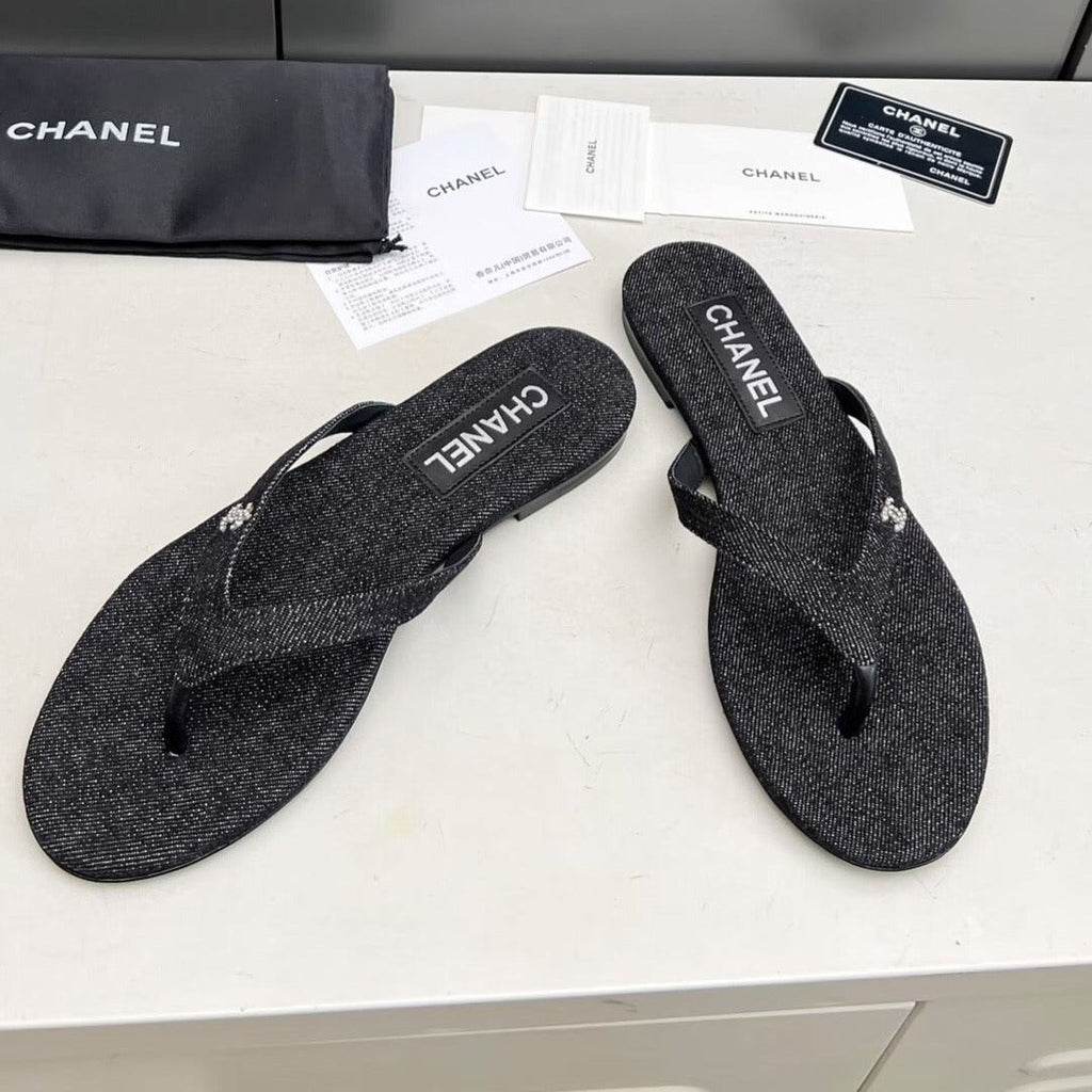 Chanel Thong Slippers in Black Denim