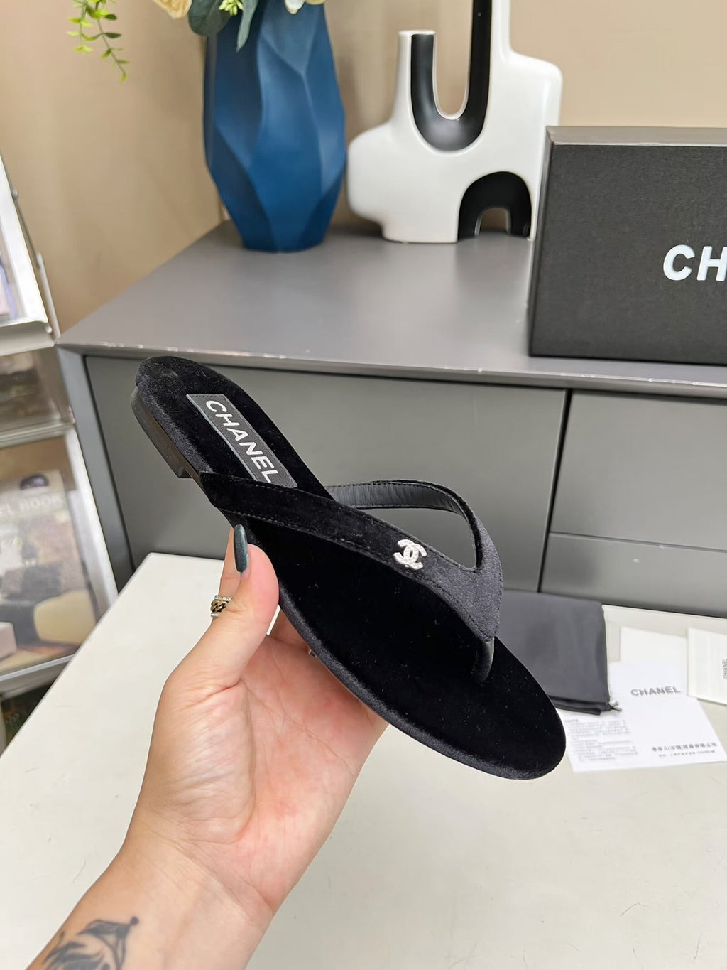 Chanel Thong Slippers in Black Velvet