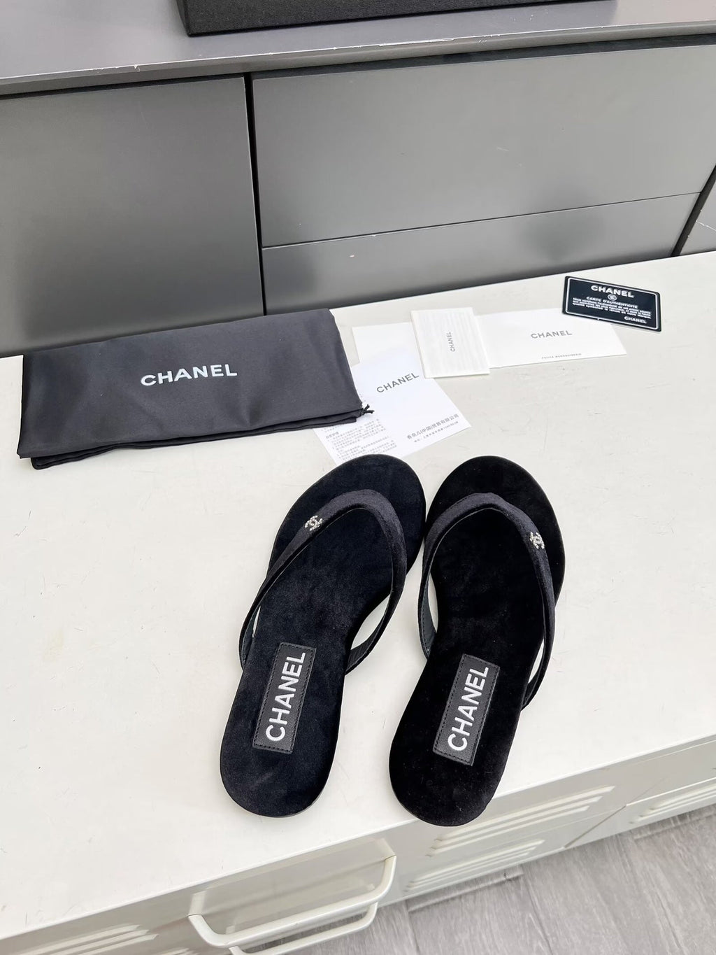 Chanel Thong Slippers in Black Velvet