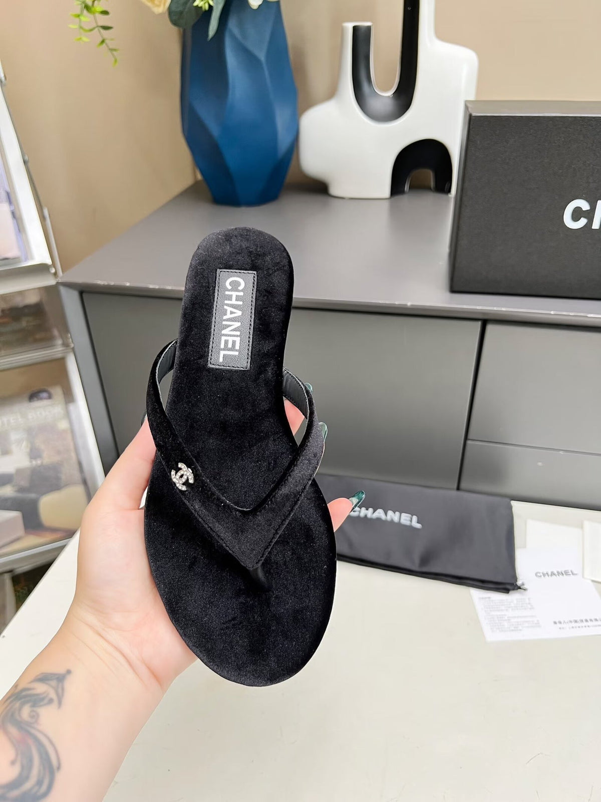 Chanel Thong Slippers in Black Velvet