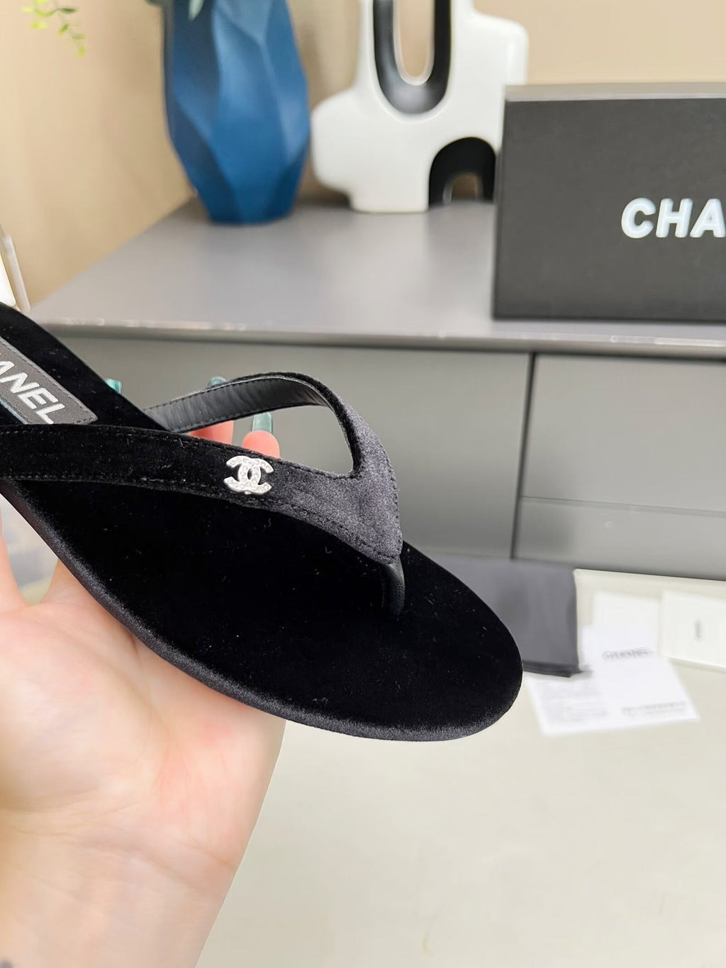 Chanel Thong Slippers in Black Velvet