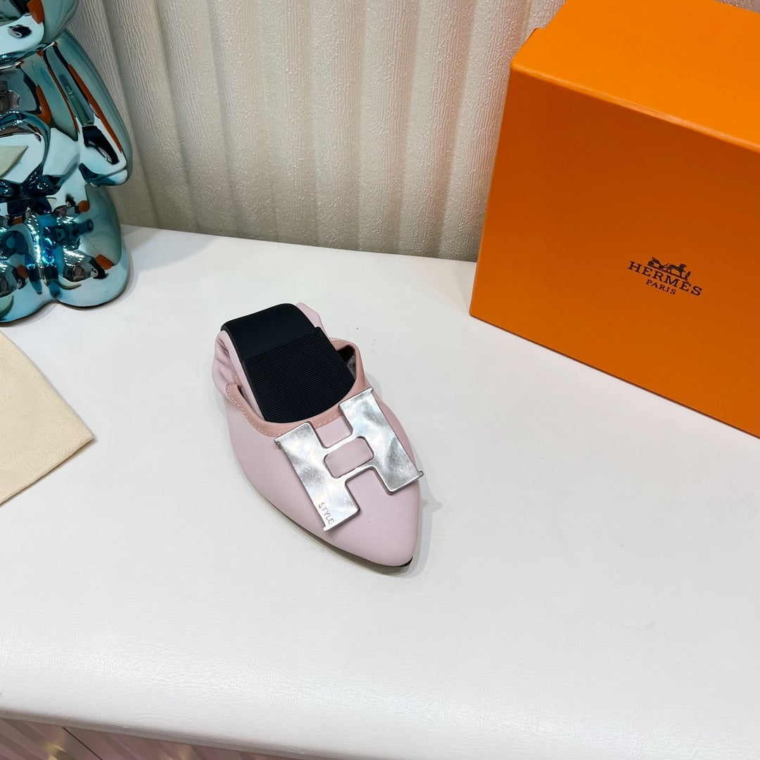 Hermes H-Buckle Balllet Flat Light Pink Calfskin
