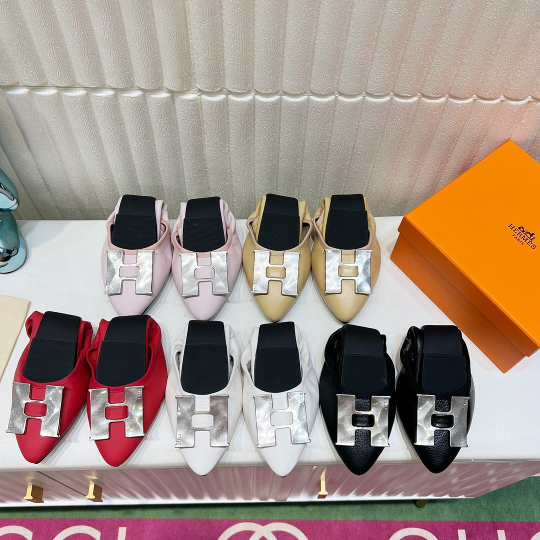 Hermes H-Buckle Balllet Flat Light Pink Calfskin
