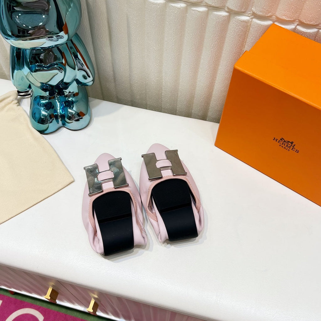 Hermes H-Buckle Balllet Flat Light Pink Calfskin