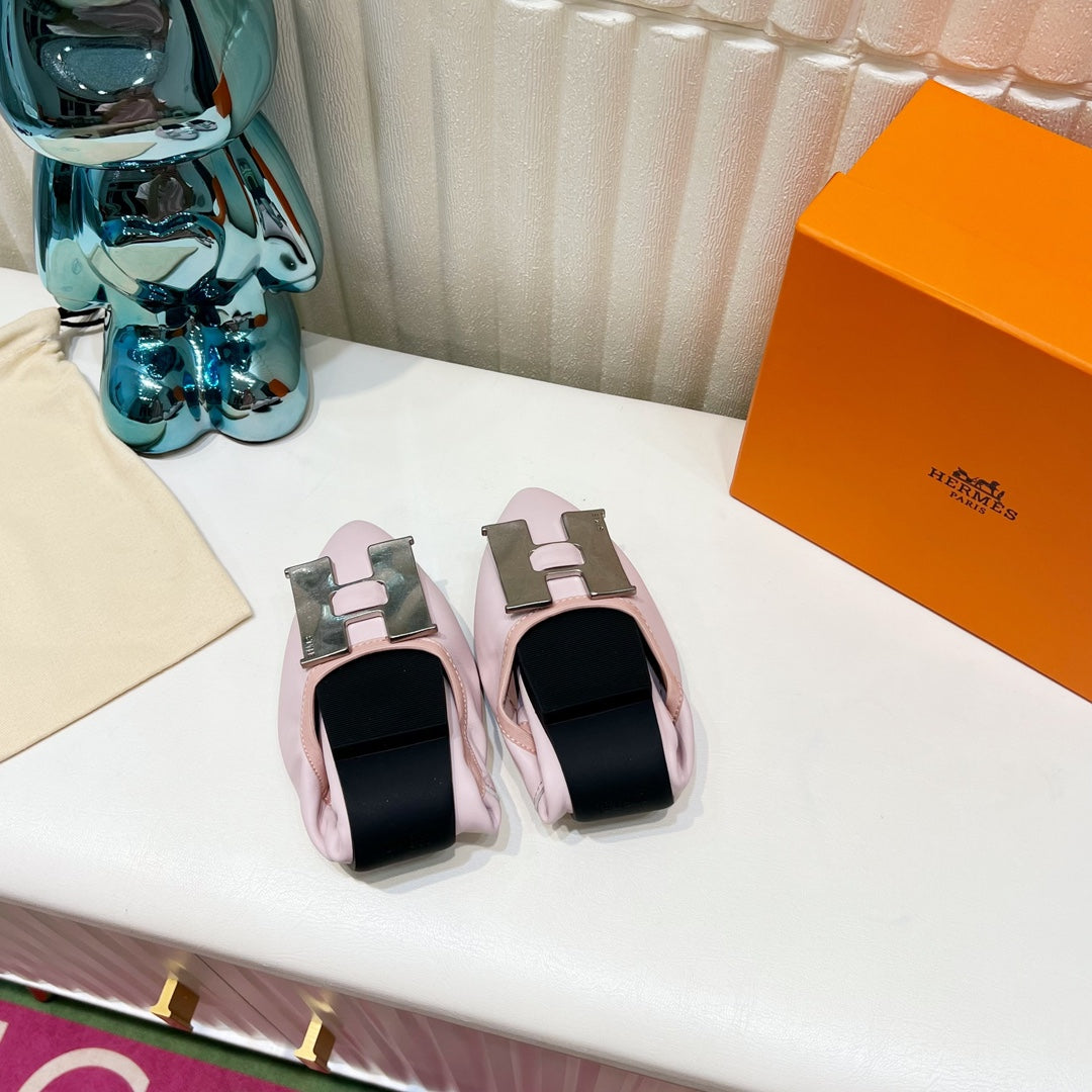 Hermes H-Buckle Balllet Flat Light Pink Calfskin