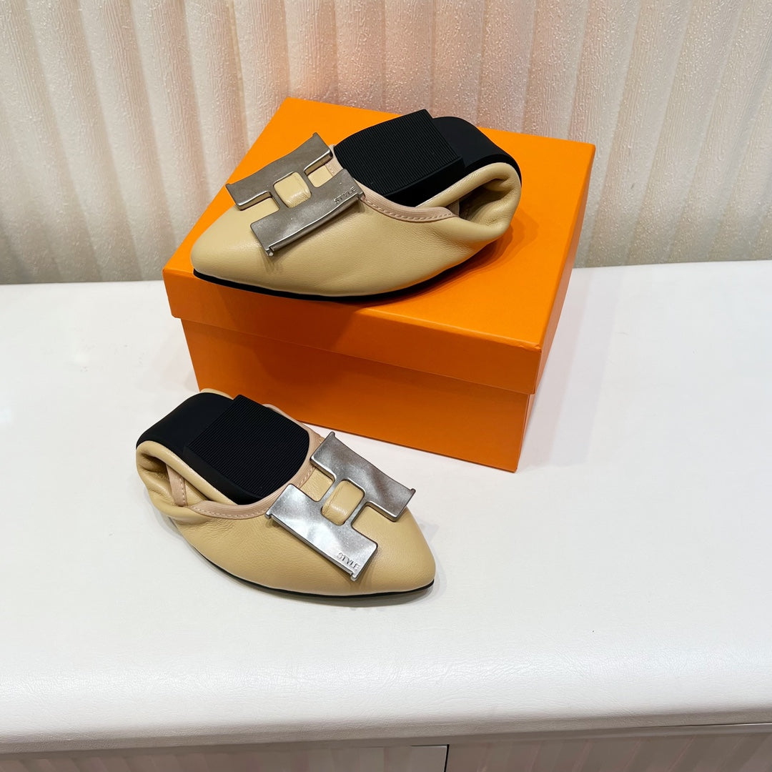 Hermes H-Buckle Balllet Flat Beige Calfskin