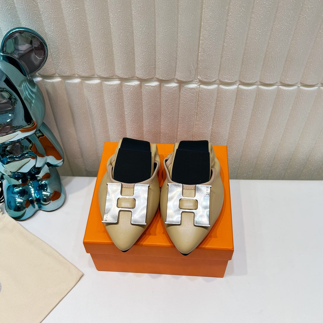 Hermes H-Buckle Balllet Flat Beige Calfskin