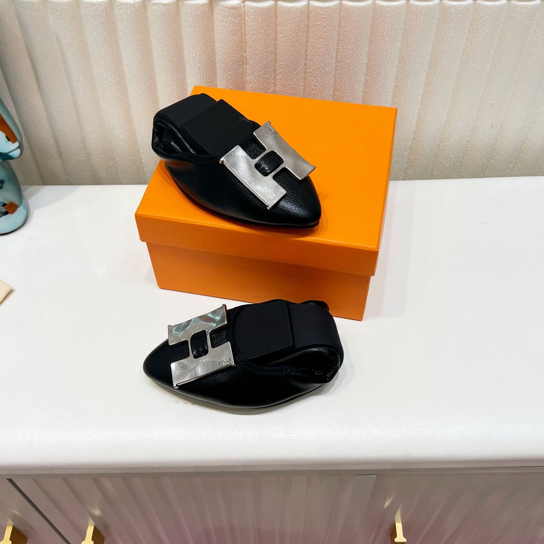 Hermes H-Buckle Balllet Flat Black Calfskin