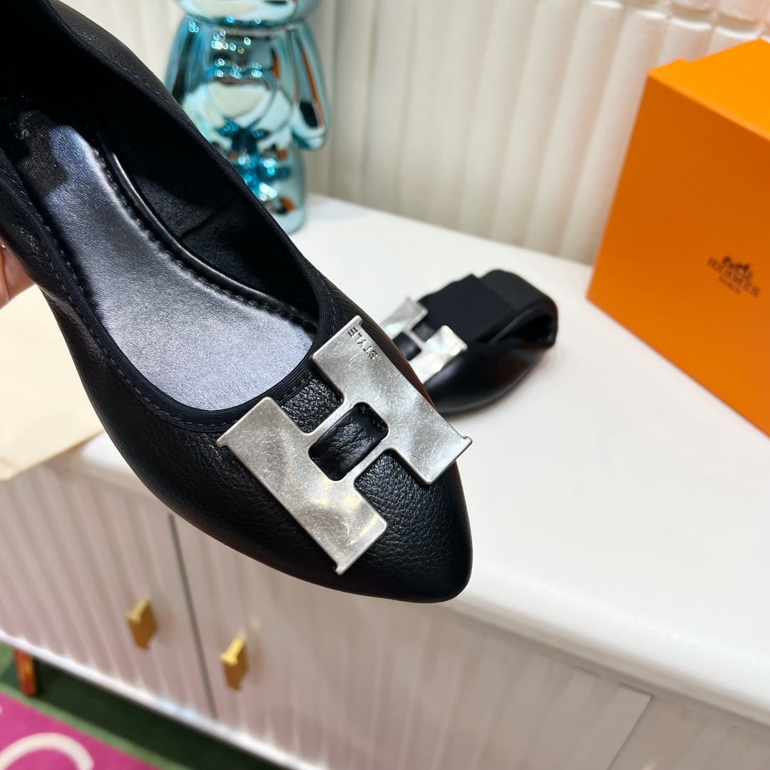 Hermes H-Buckle Balllet Flat Black Calfskin
