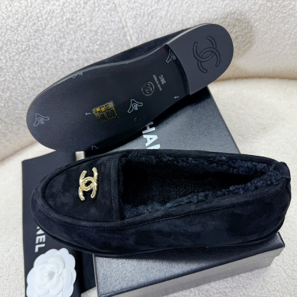 Chanel Loafer in Black Suede and Wool Lining