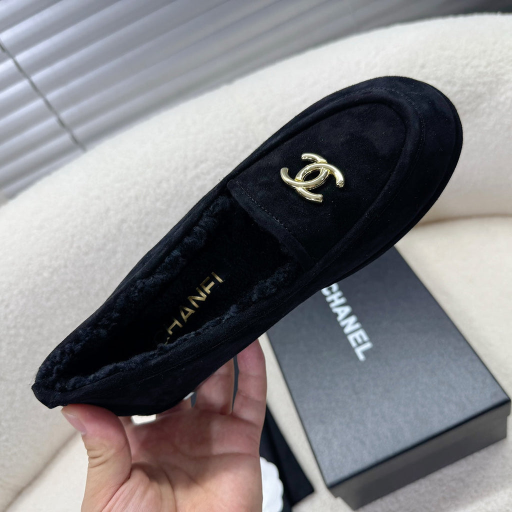 Chanel Loafer in Black Suede and Wool Lining