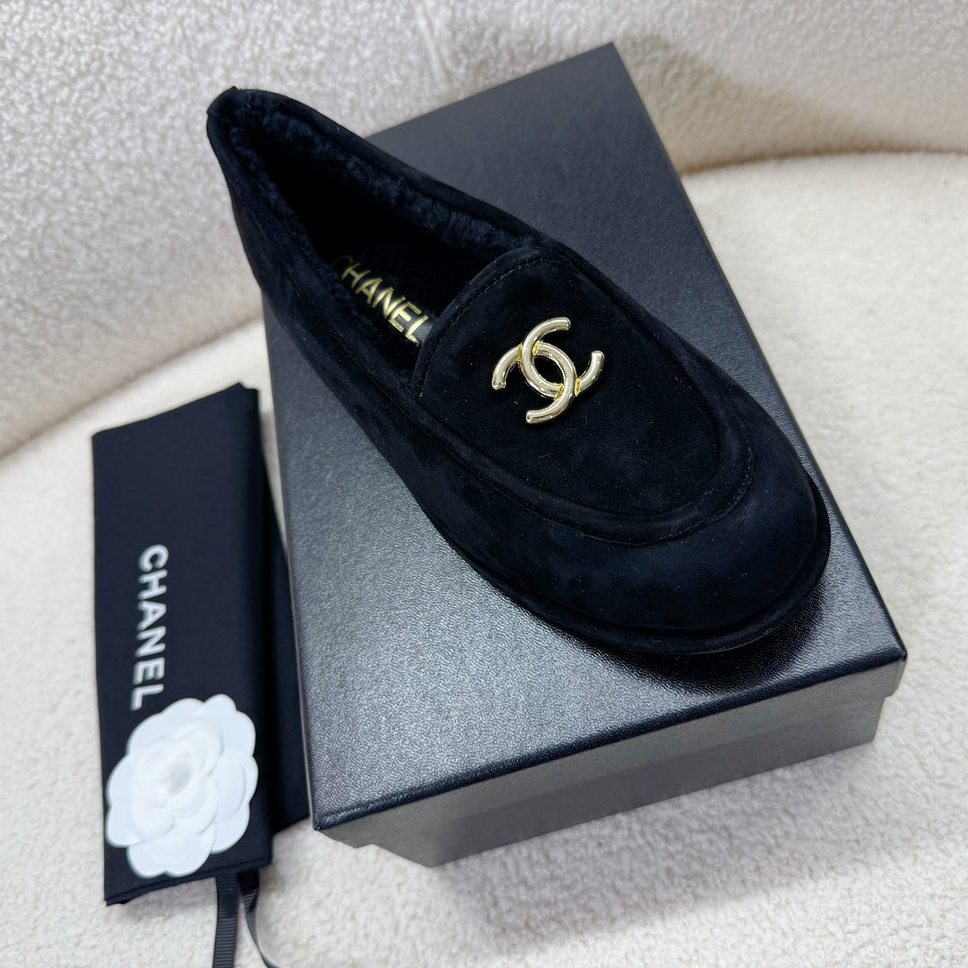 Chanel Loafer in Black Suede and Wool Lining