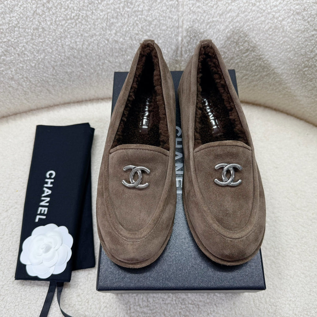 Chanel Loafer in Chocolate Brown Suede and Wool Lining