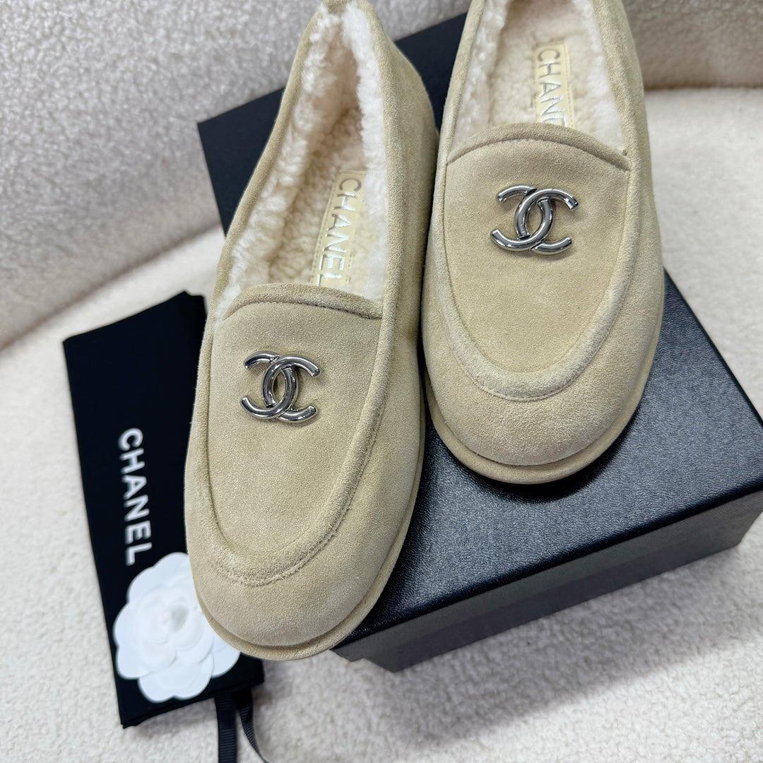 Chanel Loafer in Ecru Tan Suede and Wool Lining