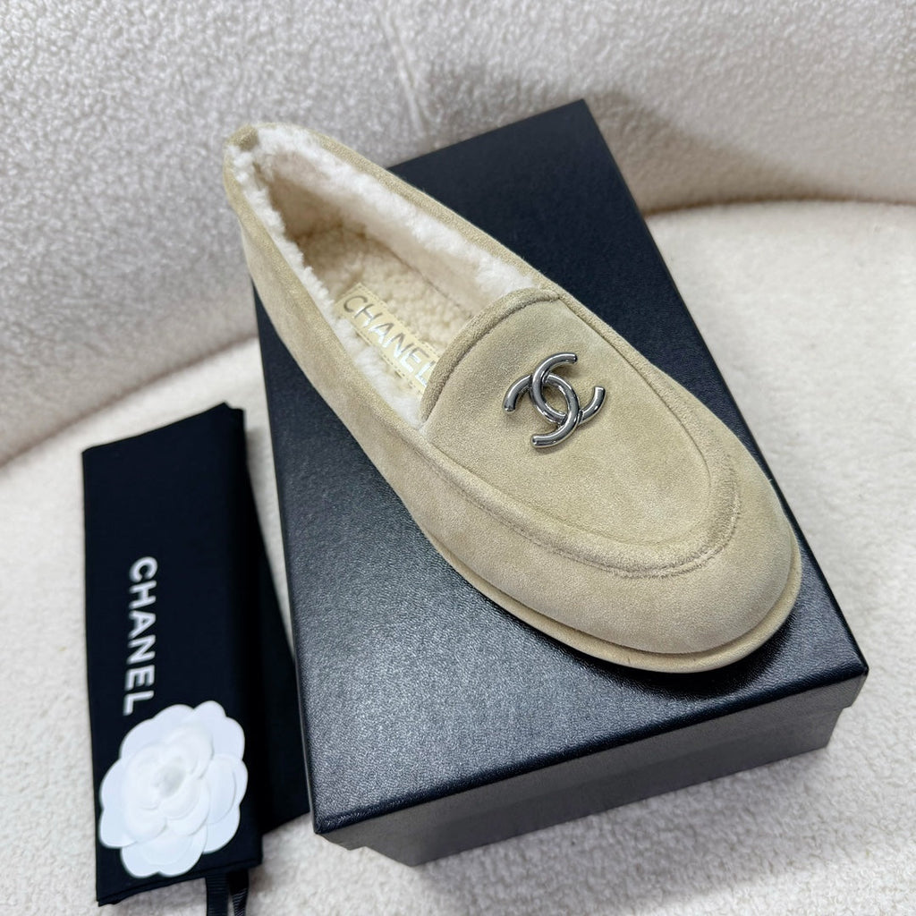 Chanel Loafer in Ecru Tan Suede and Wool Lining