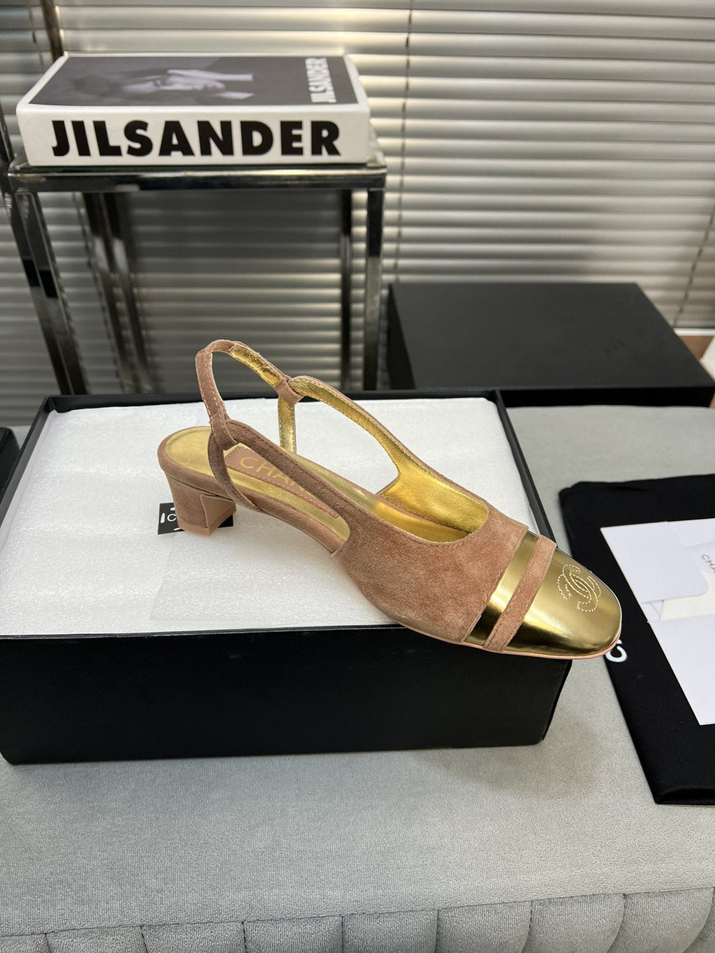 Chanel Slingback Rose Suede Gold Metalic Lambskin Square Toe 5.0