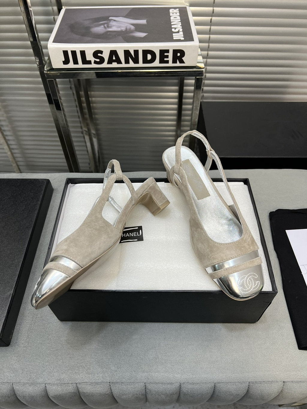 Chanel Slingback Light Beige Suede Silver Metalic Lambskin Square Toe 5.0