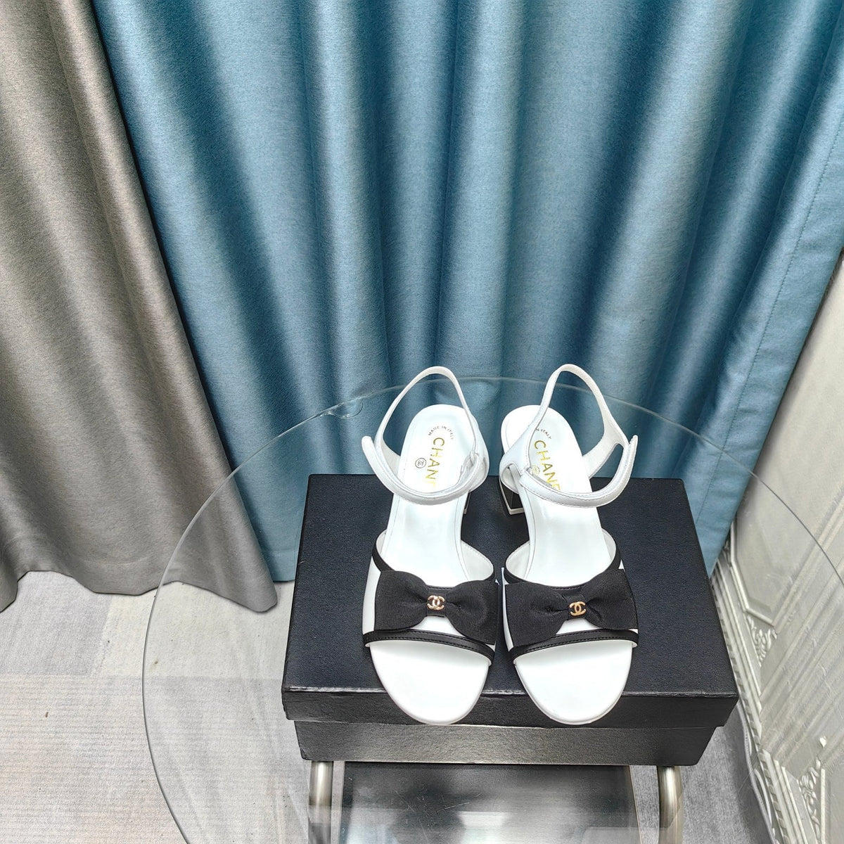 Chanel Sandals in White Sheepskin with Black Satin Bow
