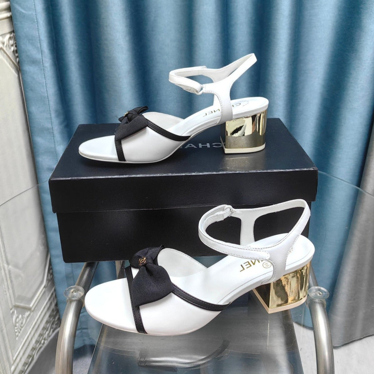 Chanel Sandals in White Sheepskin with Black Satin Bow