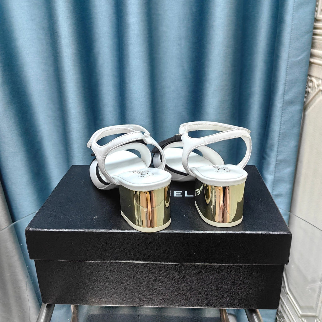 Chanel Sandals in White Sheepskin with Black Satin Bow