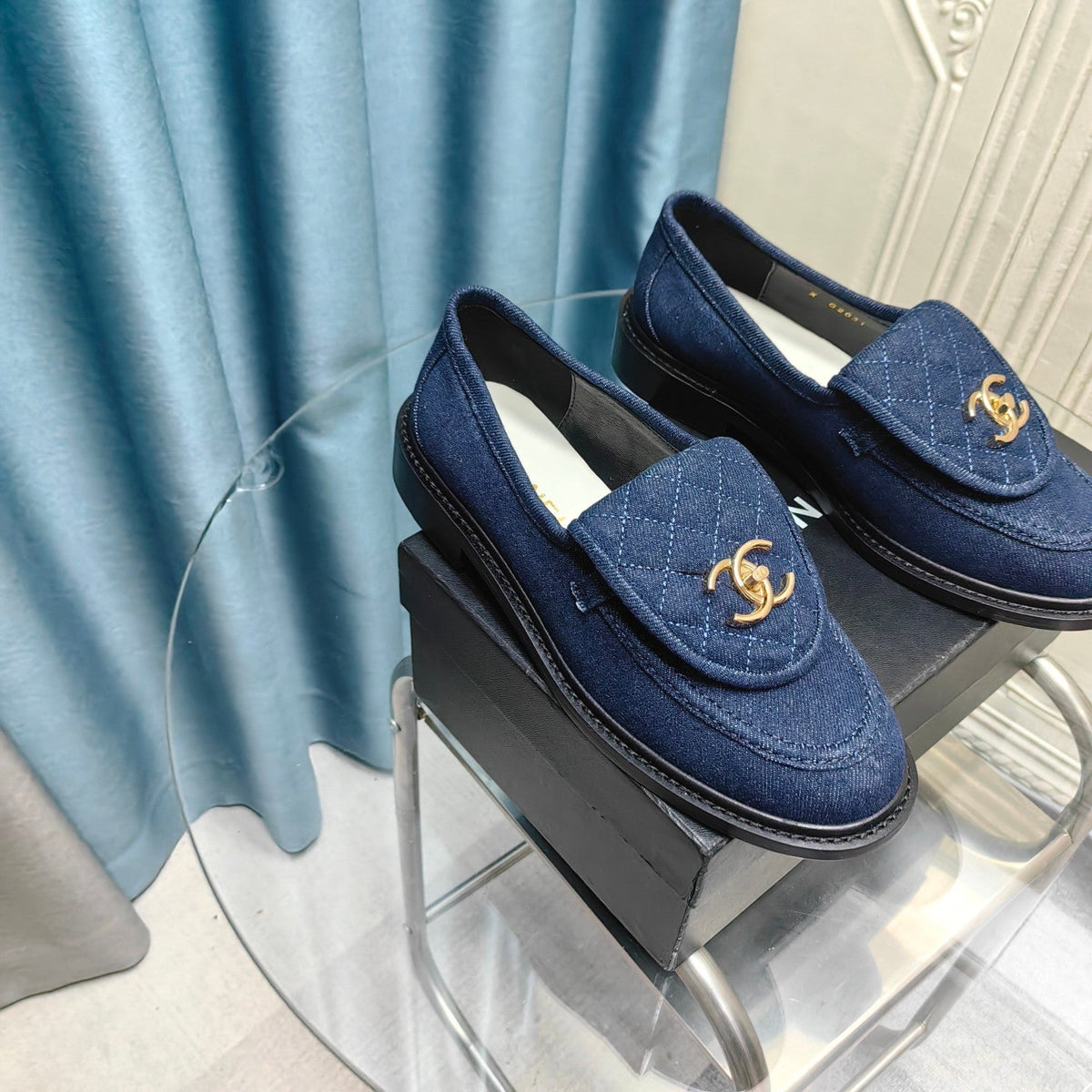 Chanel Moccasins Navy Blue Quilted Lambskin