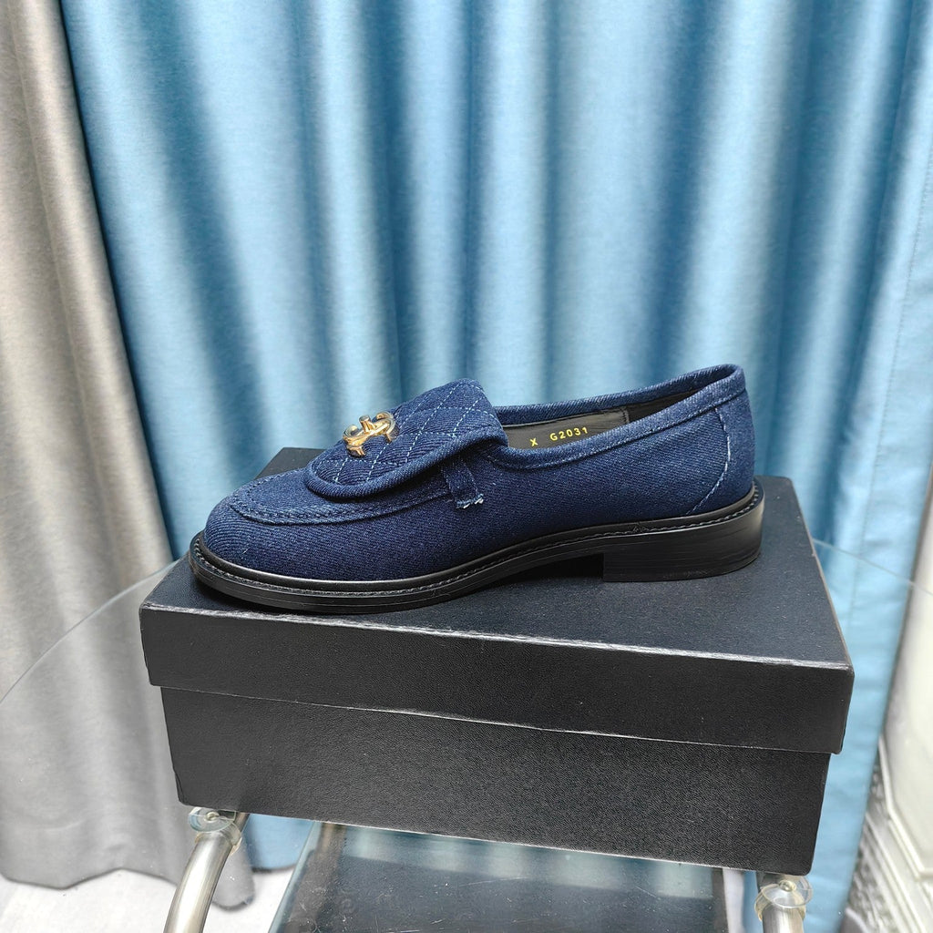Chanel Moccasins Navy Blue Quilted Lambskin