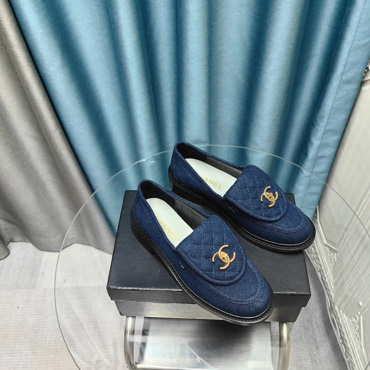 Chanel Moccasins Navy Blue Quilted Lambskin