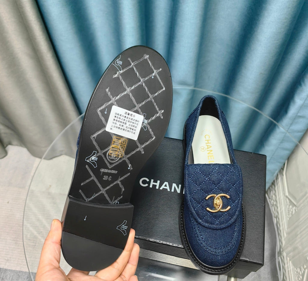 Chanel Moccasins Navy Blue Quilted Lambskin