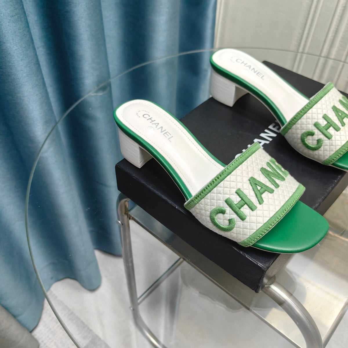 Chanel Mule Sandal 45 White Mix Light Green Fabric Embroidery