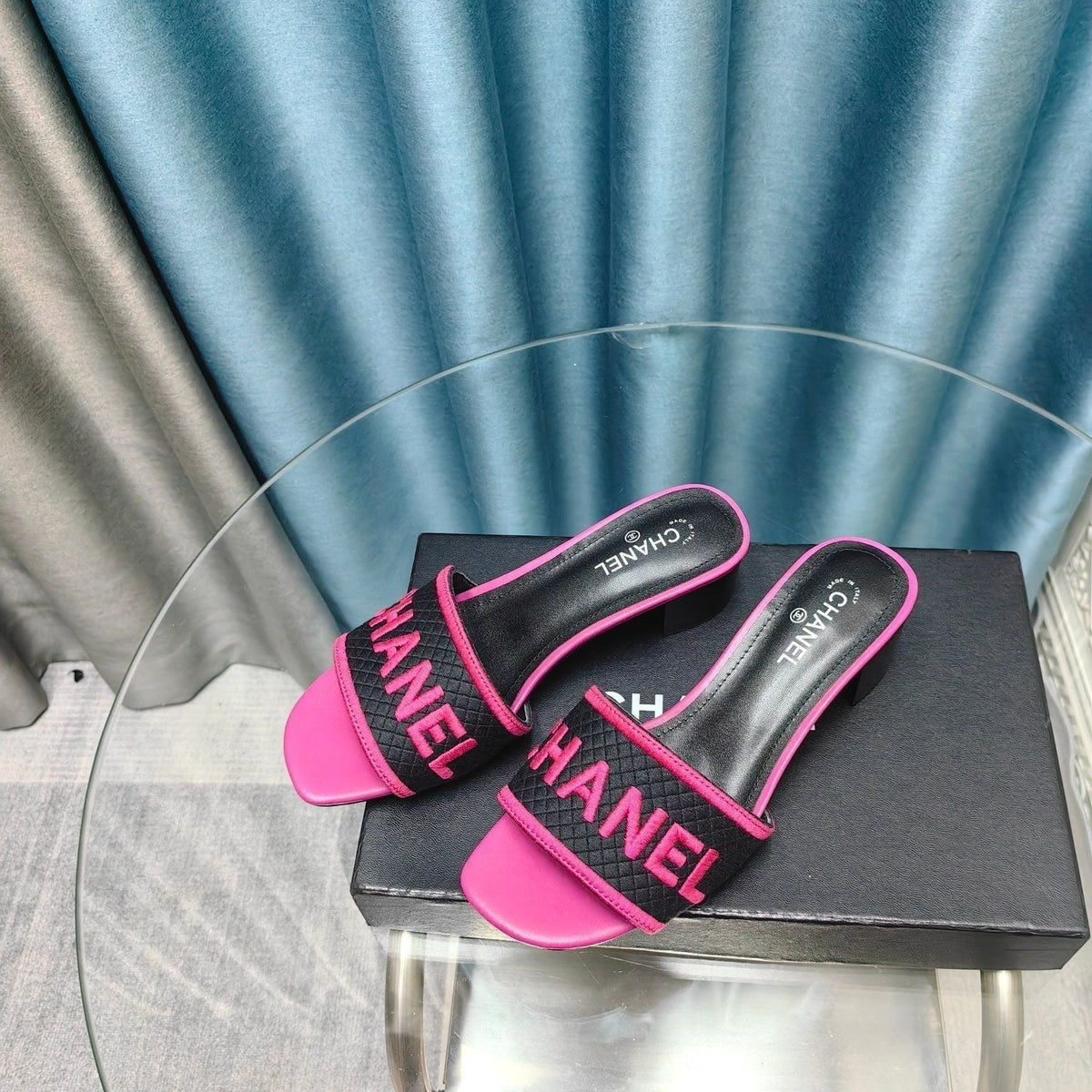 Chanel Mule Sandal 45 Black Pink Fabric Embroidery