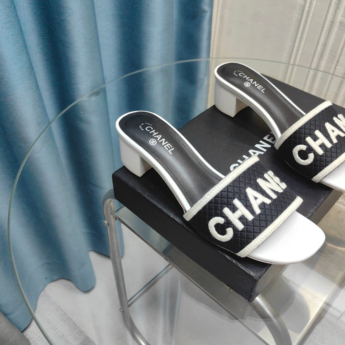 Chanel Mule Sandal 45 White Black Fabric Embroidery