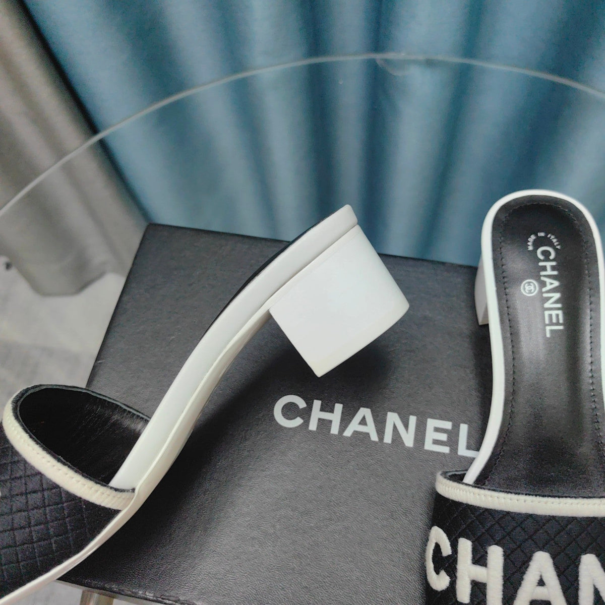 Chanel Mule Sandal 45 White Black Fabric Embroidery