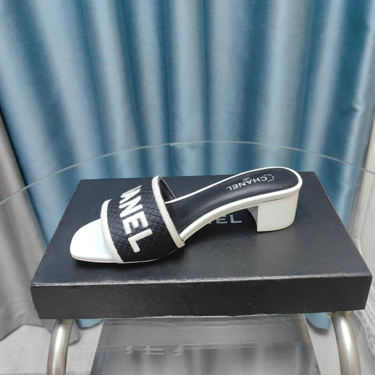 Chanel Mule Sandal 45 White Black Fabric Embroidery